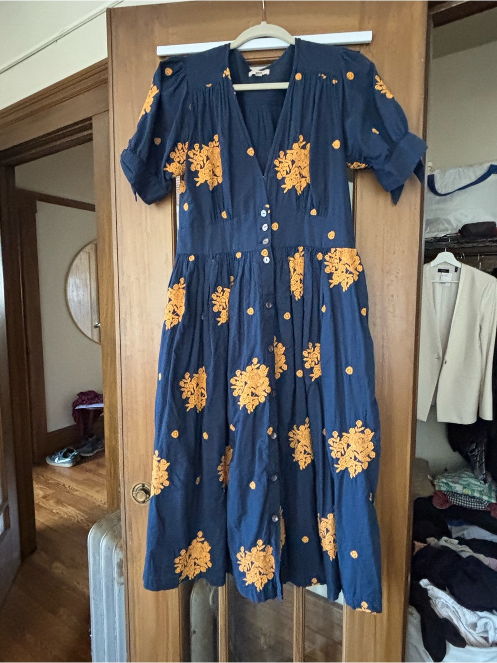 Pink Chicken Navy Dress with Mustard Floral Embroidery